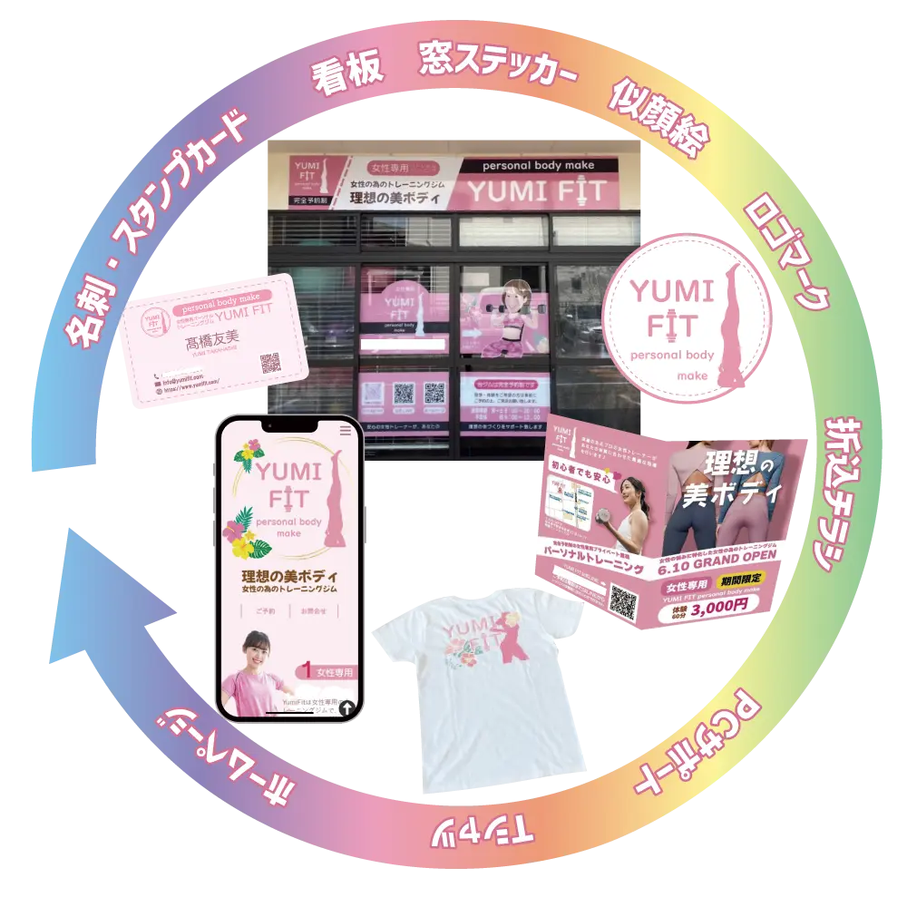 名刺・スタンプカード、折込チラシ、Tシャツ、看板、店舗ステッカー、ホームページ